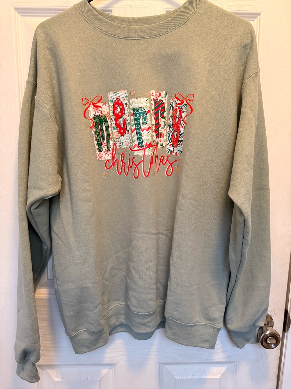 Hanes Sage Green Crewneck 'Merry Christmas' Graphic Sweatshirt